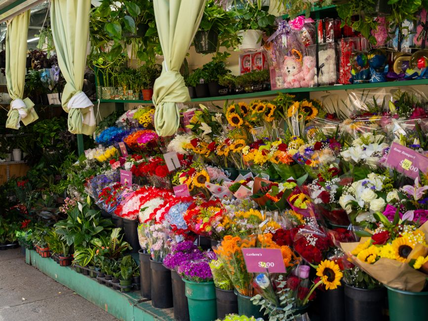 A vibrant floral display outside a flower shop, showcasing an assortment of fresh flowers including sunflowers, roses, lilies, and chrysanthemums arranged in bouquets and wrapped in clear cellophane a