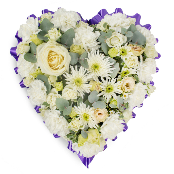 In the image, a generously filled heart-shaped sympathy arrangement stands out sharply against a white background, its contours clearly emphasised by a deep, royal-purple ribbon that has been artfully ruffled along the entire edge. This ribbon forms a smooth, continuous border that frames an interior densely carpeted with white and cream blossoms, giving the heart a plush, cushion-like appearance. At its centre is a single large rose in a creamy ivory shade, its layered petals beginning to unfurl in a slow spiral, becoming a quiet symbol of cherished memories at the core of the tribute. Surrounding this focal rose, clusters of white carnations provide most of the body, their softly frilled petals overlapping like folded lace. Threaded among them are spider chrysanthemums, their long, slender petals reaching delicately outward, and smaller daisy-style chrysanthemums whose compact centres reveal faint whispers of lime green or gentle yellow, bringing subtle life and brightness to the design. Nestled throughout are petite cream roses and closed rosebuds, some tinged with the palest peach, adding a gentle variation in tone that prevents the arrangement from feeling stark. Blue-green eucalyptus branches weave between the blooms, their rounded leaves introducing texture, depth, and a cool, calming contrast to the warm whites. The overall impression is one of composed, understated elegance, perfect for a final farewell in Leyton, perhaps travelling from a terrace near Francis Road to a service at a local place of worship. It evokes the sort of tribute a thoughtful Leyton florist would craft when asked to send a message of deep love, respect, and peaceful remembrance in a single, carefully shaped heart.