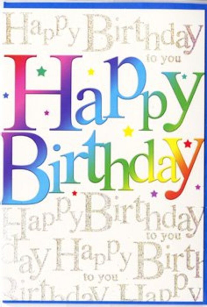 The image showcases a joyful birthday greeting card whose design conveys an immediate sense of celebration, much like walking into a surprise party in a Leyton home filled with friends and laughter. Standing upright, the card features the message "Happy Birthday" across the centre in oversized, rounded letters that look almost pillowy, as if lightly inflated. Each letter is bathed in a soft gradient of rainbow colour, shifting smoothly from rich crimson to warm coral, through buttery yellow and fresh green, before drifting into sea-blue and royal purple. The transitions between these hues are fluid and harmonious, creating a cheerful, almost musical rhythm across the card's surface. The edges of the letters are clean and slightly glossy, giving them a polished, almost lacquered appearance, like freshly blown balloons reflecting the light. Behind this bold message, the background is layered with fine, glimmering gold script repeating "Happy Birthday to you" in an elegant, cursive style. The script forms a subtle, decorative pattern-more like a gentle chorus than a loud statement-its glitter catching the light in tiny, refined sparkles, recalling the shimmer of party decorations or gift wrap in a Leyton florist's window. Here and there, tiny colourful specks and star-like details are scattered around the main text, adding the sense of confetti or sparkles frozen mid-air. The card's finish looks smooth and satiny, suggesting a pleasant, almost silky texture to the touch. It's the kind of thoughtfully designed birthday card someone in Leyton might send alongside a fresh bouquet, the vivid rainbow lettering and shimmering gold background working together to express happiness, appreciation and the wish for a truly memorable day.