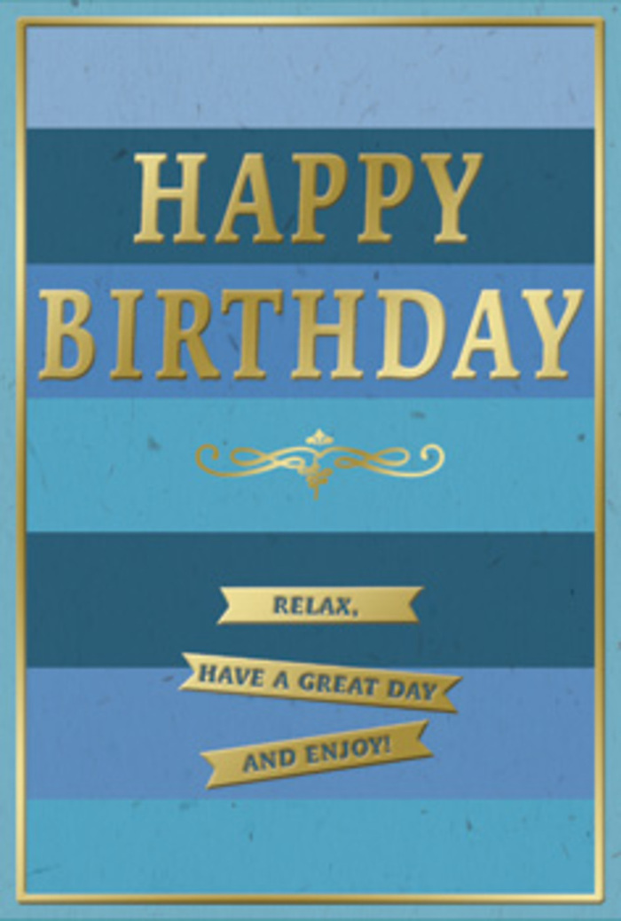 Tasteful blue and gold birthday card presented upright, evoking a sense of relaxed celebration that fits well with a leisurely weekend in Leyton. The card's backdrop is built from broad, horizontal stripes of blue that run cleanly from left to right, each stripe slightly different in shade. At the bottom, the colour is deep and inky, gradually shifting upwards through rich cobalt, softer ocean blue, and finally into a lighter, more airy tone near the top. This gentle ombre effect feels like watching early morning light move across the open spaces of Leyton Jubilee Park. Resting across the centre, in bold capital letters, the phrase HAPPY BIRTHDAY is embossed in shining gold. The metallic letters stand out clearly against the blues, their surfaces reflecting highlights that bring a sense of quiet luxury. Below this central greeting lies an elegant golden flourish: a single, ornate line curving in symmetrical patterns, reminiscent of classic stationery or old bookplates. Beneath it sit three slim gold banners, neatly stacked and proportioned. Each banner is bordered and filled in gold, carrying part of one continuous, heartfelt sentiment: Relax, have a great day and enjoy! A thin gold frame traces the outer edge of the card, holding all the elements together and giving the design a polished, framed look. The overall impression is calm, grown-up, and thoughtful-perfect for someone who appreciates subtlety over bright novelty. You can imagine the smooth, substantial cardstock in your hands, with the raised gold details catching at your fingertips, as this card is nestled alongside fresh blooms prepared by Flower Delivery Leyton for a birthday delivery across E10.