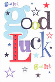 A playful good luck card is shown laid flat against a clean white backdrop, its whole design bursting with colour and optimism, like a cheerful send-off from friends gathered in a cosy Leyton café before a big day. The phrase Good Luck stretches boldly across the centre, each letter rendered in a different style, as if hand-picked from a box of typography treasures: an oversized pastel-blue g with generous curves, a confident inky-black o, a lively scarlet d, and other characters in mossy green, deep violet, and rich navy, all standing tall in crisp, high-contrast print. The white background is sprinkled with stars in varying sizes and shades-inky midnight, indigo, sky-blue, lilac, and a few hints of citrusy lime-scattered like confetti tossed above someone heading into an exam hall near Leyton Sixth Form or starting a new job by Lea Bridge Road. Some stars are solid and bold, others softly faded, giving a gentle depth as though they're drifting forward and backward across the card's surface. The cardstock itself looks smooth and firm, that satisfying, slightly velvety texture you feel when a quality greeting card rests between your fingers, promising not to bend easily in an envelope or bouquet sleeve. Lighting is even and bright, with no harsh shadows, allowing every colour to glow clearly and invitingly. This is the sort of card a local florist might slip beside a fresh bouquet heading to a milestone audition or university send-off in Leyton, a simple but heartfelt token that says: you're supported, you're cherished, and the stars might just be aligning for you today.
