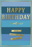 Calm and stylish, this blue and gold birthday card is shown standing as though ready to be placed beside a bouquet on a Leyton kitchen table. Its background is composed of wide horizontal bands of blue, carefully graduated from dark, moody navy at the lower edge through softer ocean and teal tones, finally reaching a lighter, almost clear-sky blue at the top. This layered colour effect gives a feeling of depth and stillness, reminiscent of watching clouds drift over Leyton's rooftops and parks. At the heart of the design, the words HAPPY BIRTHDAY appear in large, embossed gold capitals, each letter outlined by gentle shadows that hint at the card's raised texture. The gold shines with a warm yet understated glow, avoiding any harsh glare. Just underneath, a graceful golden flourish adds a decorative pause, its curving form balancing the strong, straight lines of the text and stripes. Lower down, three slender golden banners are stacked like small ribbons. Each banner is clearly edged and lettered in gold, together spelling out: Relax, have a great day and enjoy! A fine gold border travels all the way around the edge of the card, framing the blues and guiding the eye inward. The smooth cardstock and slightly raised metallic details suggest a pleasant tactile experience, as if you could trace the message with your fingertips. Imagined alongside a hand-delivered bouquet travelling through Leyton's busy streets, this card offers a birthday wish that feels composed, peaceful, and genuinely thoughtful, ideal for someone who loves serene colours and simple elegance.